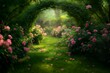 Magical Archway of Pink Roses in a Dreamy Garden