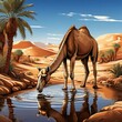 Camels Drinking Water in an Oasis in the Desert. Generative AI