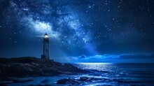 Lighthouse Beam Converging With A Starlight Path On The Sea