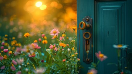 Wall Mural - Key opening a door to a vibrant spring meadow