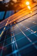 © evgenia_lo - Close-up image of a solar panel texture with sunlight reflecting at sunset.