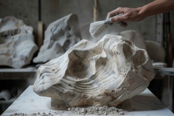 brushing off dust from a nearly finished stone sculpture