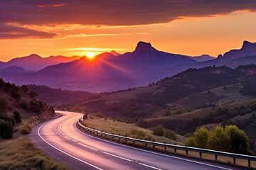 Canvas Print - Curving Road Through Mountainous Landscape at Sunset