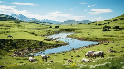 Wall Mural - Cows grazing in a lush green field with a river running through it and mountains in the distance