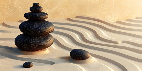 Canvas Print - Peaceful Zen Garden with Raked Sand and Smooth Stones Harmonious Meditation Landscape for Relaxation and Contemplation