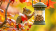 Autumn squirrel snacking from bird feeder