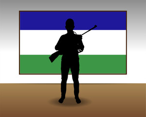 Wall Mural - Man holding a gun in front of Lesotho flag, fight or war idea