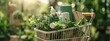 A close-up captures eco-friendly items in a shopping basket against the backdrop of a worldwide eco-market analysis report