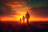Fototapeta  - Father and two children. Man, boy and girl. Family silhouette walking down a ethereal sunset or sunrise vibrant landscape. Christian family walking the path of righteousness. Yellow sunset.