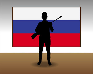 Wall Mural - Man holding a gun in front of Russia flag, fight or war idea