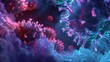 3D visualization of antibodyvirus interaction, neon highlights, dark setting, scientific accuracy