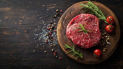 Wall Mural - Raw beef filet Mignon steak on a wooden Board with pepper and salt, black Angus marbled meat