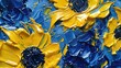 sunflowers in yellow and dark blue color, high detailed, oil paints, close-up