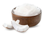 Fototapeta  - Brown bowl of coconut oil and fresh coconut pieces on white background