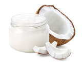 Fototapeta  - Glass jar of coconut oil and fresh coconut halve and pieces on white background