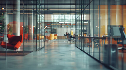 Sticker - A blurred view of an office with glass walls shows chairs and desks in the background. blurred  modern office interior