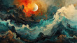 A painting of a stormy ocean with a large red moon in the sky. The mood of the painting is intense and dramatic