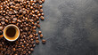 A cup of coffee is surrounded by a pile of coffee beans. Concept of warmth and comfort, as the coffee is a popular beverage that is often associated with relaxation and socializing