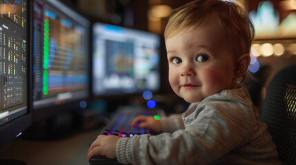 A happy kid aged 1- 2 years as network engineer, in the data center. Technology concept.