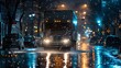 A delivery truck is captured in motion, its headlights reflecting on the wet city street during a rain shower