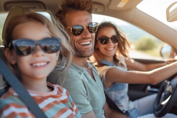 Wall Mural - Portrait of happy laughing smiling family of four with children riding in modern car traveling by automobile together enjoying vacation or road trip on weekend. Family travel, Generative AI