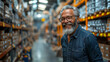 smiling and laughing man in a hardware warehouse standing selects a repair tool .