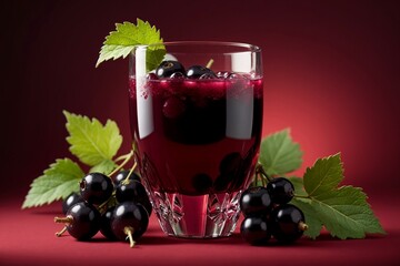 Wall Mural - black currant compote in a glass isolated on a red background