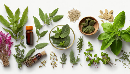 Wall Mural - Variety of medicinal plants, each with their unique healing properties, beautifully isolated against a  white background, symbolizing nature’s pharmacy