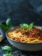 a bowl of pasta bolognese on the table, dark background, food photography, moody lighting, minimalism, elegant