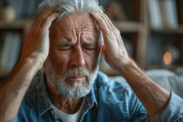 unhealthy man feel stressed suffer from migraine or headache at home. unwell tired middle-aged male 