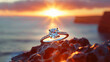 A romantic solitaire diamond ring contrasted against the vibrant hues of a sunset on a beach, symbolizing eternal love