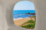 Fototapeta Przestrzenne - Beach at World's End Park, Sanya, China. View of the beautiful beach and sea from the white bungalow