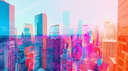 Wall Mural - Panoramic view of a modern city skyline at twilight with striking architectural silhouettes and illuminated skyscrapers against the dusky sky, capturing the vibrant urban ambiance and dynamic energy