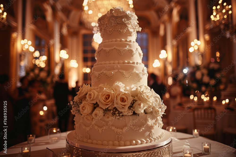 A luxurious multi-tiered wedding cake with exquisite white and gold ...