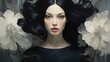 Elegant portrait, woman with coalblack hair, eyes like dark ovals, and subtle lotuses 