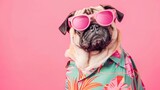 Fototapeta  - Pug paradise: portrait of adorable pug in stylish pink sunglasses and hawaiian shirt, isolated on vibrant pink background with copy space, travel illustration concept