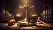 Golden Scales of Justice with Gavel in Library Setting