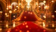 Red carpet in the theather with blurred lights in the background and a crystal chandelier