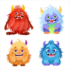 Wall Mural - Set of cute little monsters. Fictional creatures for children's print, posters, cards, Halloween designs. Cartoon vector illustrations. isolated magical fluffy animals on white background. Clip-art.