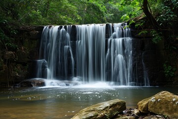 Sticker - Tranquil waterfall in a lush forest with smooth water flow and serene natural surroundings.