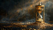 An hourglass containing golden sand on dark background, precious time and golden opportunities concept.