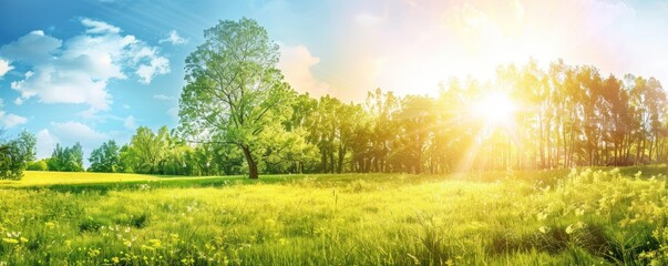 Green meadow forest landscape during bright sun in summer