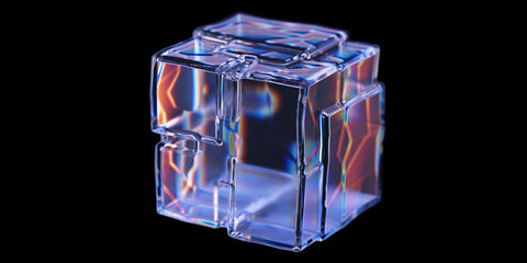 Poster - Abstract dispersion glass cubic shape on black background. Crystal box. 3d rendering