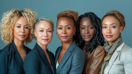 Group of working women with different hair colors and styles are posing for a photo. Scene is one of unity and diversity, as the women come together to celebrate their differences and similarities