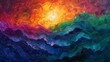 An impasto technique oil painting capturing the radiance of sunset over tumultuous ocean waves..