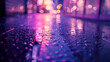 Raindrops on surface with city lights reflection at twilight.