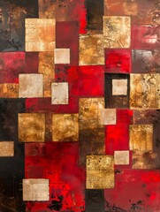 Wall Mural - A painting featuring a grid of red and gold squares, creating a visually striking geometric composition