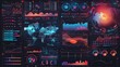 A collage of advanced cybernetic interfaces featuring a plethora of global data visualizations, analytical graphs, and digital maps in neon colors.