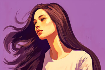 Wall Mural - A woman with long hair is painted on a purple background