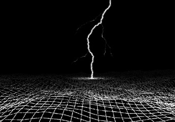 Poster - Space landscape with lightning strike in retro book style. Dotwork scene with grid terrain, and thunderbolt